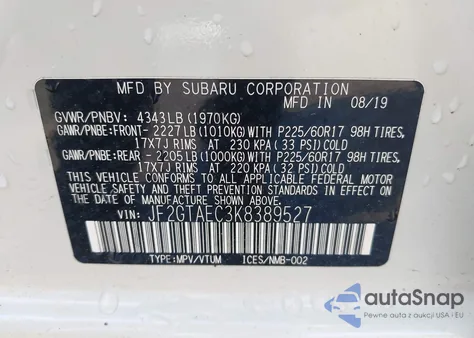 2019 Subaru Crosstrek 2.0I Premium z USA, uszkodzony, nr VIN JF2GTAEC3K8389527